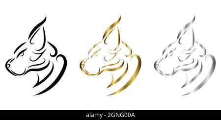 three color black gold and silver  line art of wildcat head. Good use for symbol, mascot, icon, avatar, tattoo, T Shirt design, logo or any design you Stock Vector
