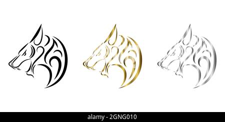 three color black gold silver line art of wolf head. Good use for symbol, mascot, icon, avatar, tattoo, T Shirt design, logo or any design Stock Vector
