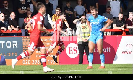 Crawley Sussex UK 25th September 2021 -  Will Ferry of Crawley starts to celebrate after scoring the first goal during the Sky Bet League Two match between Crawley Town and Bradford City at the People's Pension Stadium  : Credit Simon Dack /TPI/ Alamy Live News Stock Photo