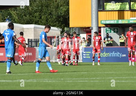 Crawley Sussex UK 25th September 2021 - Will Ferry of Crawley (no 18) after scoring the first goal  during the Sky Bet League Two match between Crawley Town and Bradford City at the People's Pension Stadium  : Credit Simon Dack /TPI/ Alamy Live News Stock Photo