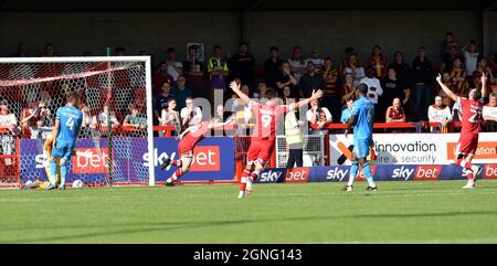 Crawley Sussex UK 25th September 2021 -  Will Ferry of Crawley puts them ahead during the Sky Bet League Two match between Crawley Town and Bradford City at the People's Pension Stadium  : Credit Simon Dack /TPI/ Alamy Live News Stock Photo
