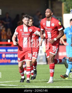 Crawley Sussex UK 25th September 2021 - Will Ferry of Crawley (no 18) after scoring the first goal  during the Sky Bet League Two match between Crawley Town and Bradford City at the People's Pension Stadium  : Credit Simon Dack /TPI/ Alamy Live News Stock Photo