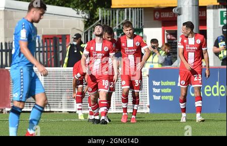 Crawley Sussex UK 25th September 2021 -  Will Ferry of Crawley (no 18) looks to the skies after scoring the first goal during the Sky Bet League Two match between Crawley Town and Bradford City at the People's Pension Stadium  : Credit Simon Dack /TPI/ Alamy Live News Stock Photo