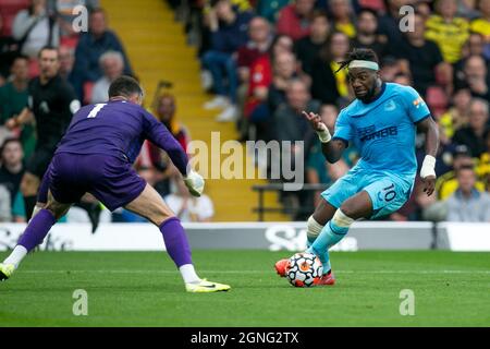 WATFORD, UK. SEPT 25TH Allan Saint-Maximin of Newcastle controls the ball during the Premier League match between Watford and Newcastle United at Vicarage Road, Watford on Saturday 25th September 2021. (Credit: Federico Maranesi | MI News) Credit: MI News & Sport /Alamy Live News Stock Photo