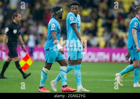 WATFORD, UK. SEPT 25TH Allan Saint-Maximin of Newcastle and Joe Willock of Newcastle gestures during the Premier League match between Watford and Newcastle United at Vicarage Road, Watford on Saturday 25th September 2021. (Credit: Federico Maranesi | MI News) Credit: MI News & Sport /Alamy Live News Stock Photo