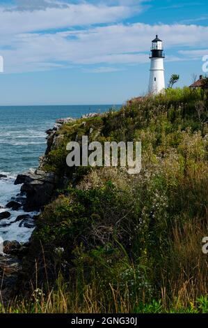 Lighthouse tower of Portland head light overlooks rocky cliff edge with wildflowers in the foreground, looking out to sea. There are many trails visit Stock Photo