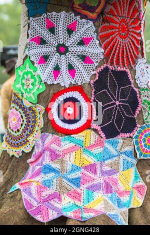 Crochet knitwear decorate trees the 14th. International Roots and Acoustic Music at the Gate to Southwell music Festival. Stock Photo