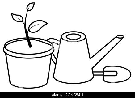 Seedling vector black line illustration of home plant in pot with watering can and small shovel isolated on white. Stock Vector