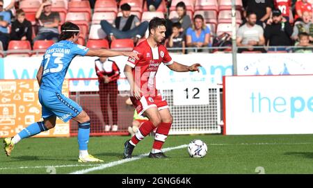 Crawley Sussex UK 25th September 2021 - Nicholas Tsaroulla of Crawley gets forward to score their second goal   during the Sky Bet League Two match between Crawley Town and Bradford City at the People's Pension Stadium  : Credit Simon Dack /TPI/ Alamy Live News Stock Photo