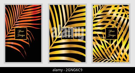 modern cover design set with golden palm leaves. vector template for poster, wedding card, invitation and menu template Stock Vector