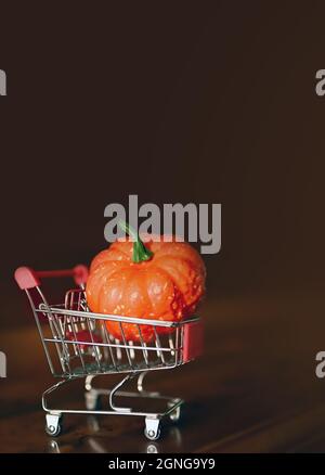 Orange pumpkin in a cart on a dark background. Halloween. Stock Photo