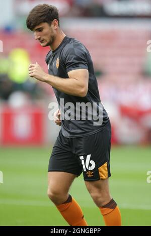 Stoke On Trent, UK. 25th Sep, 2021. Hull City midfielder Ryan Longman (16) warming up during the EFL Sky Bet Championship match between Stoke City and Hull City at the bet365 Stadium, Stoke-on-Trent, England on 25 September 2021. Photo by Jurek Biegus. Editorial use only, license required for commercial use. No use in betting, games or a single club/league/player publications. Credit: UK Sports Pics Ltd/Alamy Live News Stock Photo