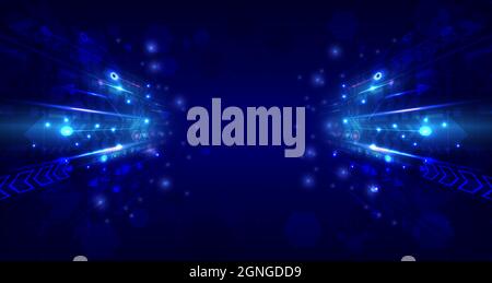 Perspective glowing speed arrow. Abstract futuristic high technology background. Internet motivation and connection to communicate of innovation. Land Stock Vector