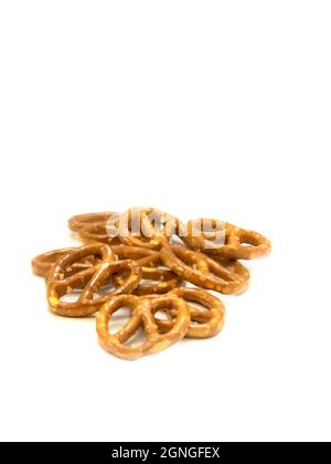 Salted mini pretzel snacks isolated on white background Stock Photo