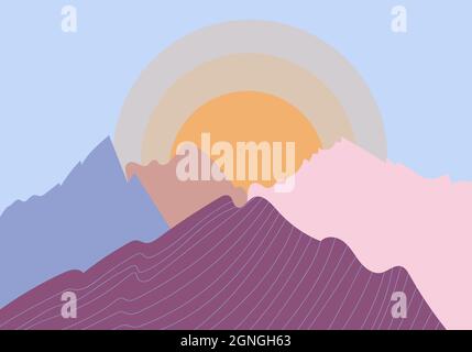 Vector illustration of a mountain landscape at sunrise in a minimalist style. Stock Vector
