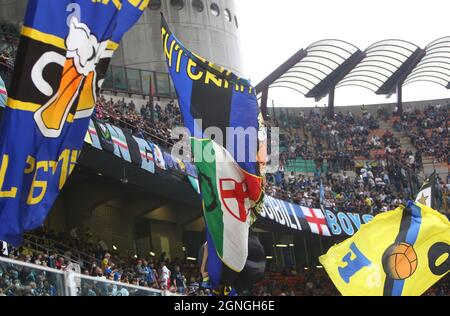 MILAN ITALY- September 26  Giuseppe Meazza The supporters of Inter before  the Serie A match between Fc Inter and Atalanta BC at Stadio Giuseppe Meazza on September 26, 2021 in Milan, Italy. Stock Photo