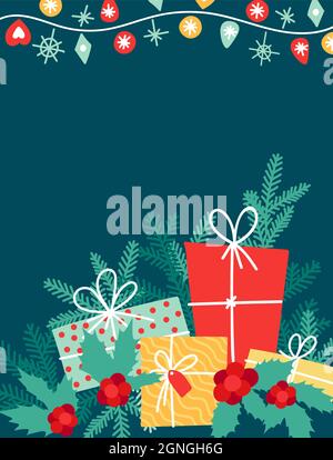 Background for congratulations, greeting cards Merry Christmas and Happy New Year. Various elements on green background. Stock Vector