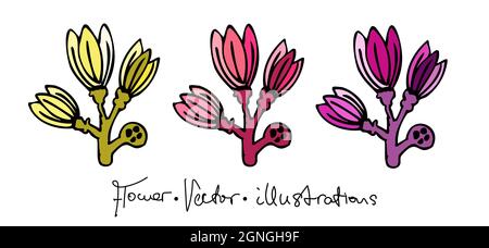 Set of vector illustrations of fantasy colorful flowers with an inscription. Stock Vector