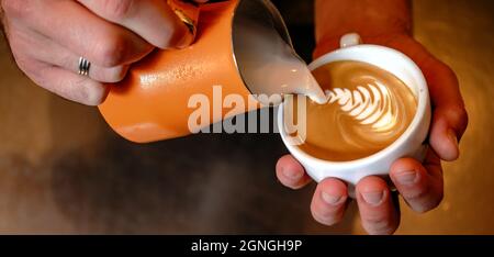 Professional barista artist making a cup of coffee latte art. Cappuccino art in making. Stock Photo