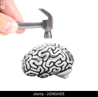 Crop view of male fingers holding a small steel hammer above a metal copy of a human brain isolated on white. Neurological examination concept. Stock Photo