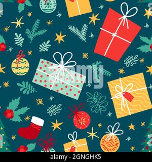 Festive pattern with New Year elements, decoration for the holiday, gifts, Christmas toys. Stock Vector