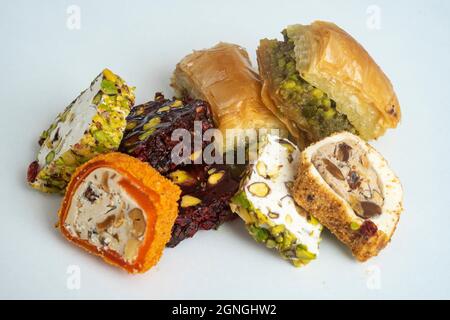 pile of Turkish authentic sweets isolated on white Stock Photo