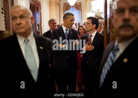 President Barack Obama talks with Rep. Eric Cantor, R-Va., prior to entering the House Chamber of the U.S. Capitol in Washington, D.C., for his address to a Joint Session of Congress to outline the American Jobs Act, Sept. 8, 2011. (Official White House Photo by Pete Souza) This official White House photograph is being made available only for publication by news organizations and/or for personal use printing by the subject(s) of the photograph. The photograph may not be manipulated in any way and may not be used in commercial or political materials, advertisements, emails, products, promotions Stock Photo