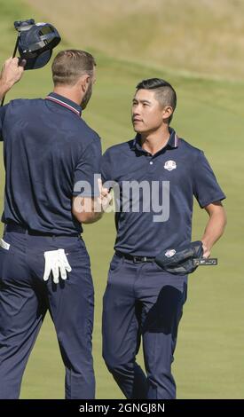 Kohler, United States. 25th Sep, 2021. Team USA's Dustin Johnson celebrates the match win on the 17th green with Collin Morikawa in the 43rd Ryder Cup at Whistling Straits on Saturday, September 25, 2021 in Kohler, Wisconsin. Photo by Mark Black/UPI Credit: UPI/Alamy Live News Stock Photo