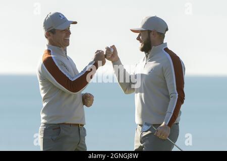 Kohler, United States. 25th Sep, 2021. Team Europe's Paul Casey and Tyrrell Hatton celebrate on the 6th green in the 43rd Ryder Cup at Whistling Straits on Saturday, September 25, 2021 in Kohler, Wisconsin. Photo by Mark Black/UPI Credit: UPI/Alamy Live News Stock Photo