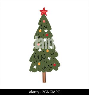 Christmas tree decorated with glass baubles. Christmas vector illustration Stock Vector