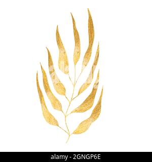 Floral hand drawn golden silhouette leaves. Cute isolated elements. Clip art for stationery, web design. Modern watercolor gold floral compositions Stock Vector