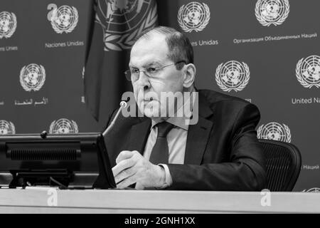 New York, NY - September 25, 2021: Press conference by Minister for Foreign Affairs of the Russian Federation Sergey Lavrov at UN Headquarters Stock Photo