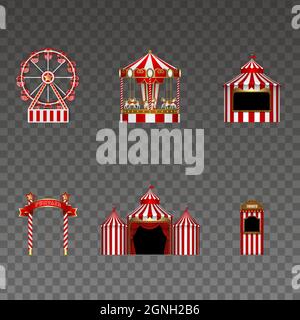 Set of funfair elements. isolated ferris wheel, carousel, stall, signboard, circus and tickets booth. luna park elements for carnival and holidays bac Stock Vector
