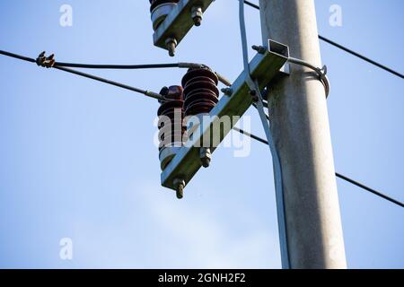 Ceramic insulators on low voltage pylons. Photo taken in good lighting conditions on a sunny day. Stock Photo