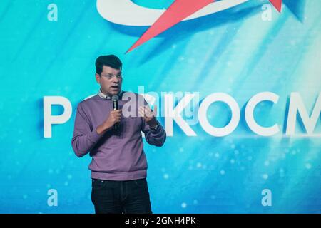 MOSCOW, RUSSIA - SEPTEMBER 25 2021: State Duma deputy Denis Kravchenko speaks at the closing of the Roscosmos Spartakiad. Stock Photo