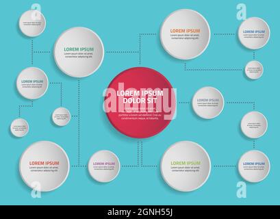 Mind map visualization template with red and gray circles and dotted connecting lines Stock Vector