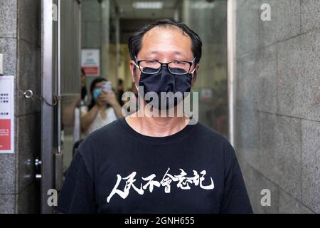 Ex-committee member, Richard Tsoi Yiu-Cheong posing for photo wearing a T-shirt saying 'People will never forget' in Chinese, during the event.Amid increasing political crackdown, one of the cornerstone in Hong Kong democracy society, organiser behind annual June 4 vigil - The Alliance in Support of Patriotic Democratic Movements of China passed the voting deciding the official disbandment with 41 members voting in favour and four against, ending 32 years of fighting for rehabilitation of the democracy movement and the accountability for the 1989 Tiananmen Square protests and massacre. All com Stock Photo