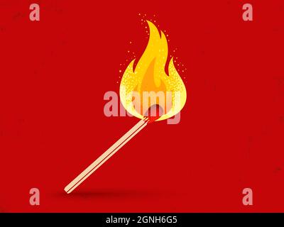 Vector retro illustration of a match with fire on red vintage background. Vintage icon of match with flame Stock Vector