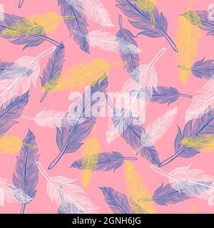 Vector vintage seamless feather pattern. Retro pattern with colorful feathers. Vintage vector feather texture. Stock Vector