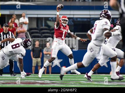 September 25, 2021: Arkansas quarterback KJ Jefferson #1 passes on the ...