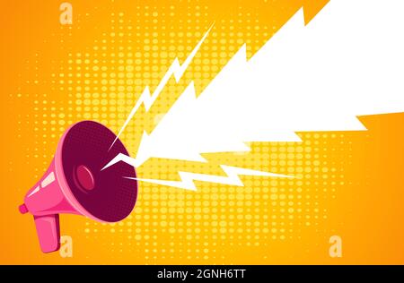 Vector vintage poster with retro pink megaphone on yellow background. Retro megaphone with comics bubble on yellow background. Stock Vector