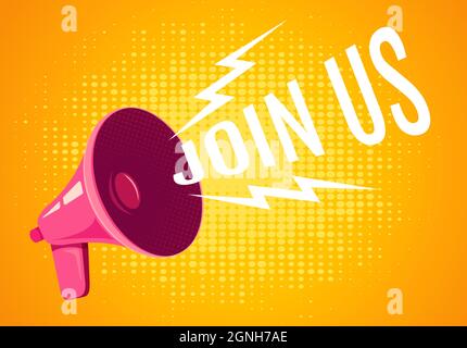 Vector vintage poster with retro pink megaphone on yellow background. Retro megaphone with join us text on yellow background. Stock Vector