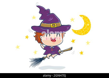 Vector illustration of a witch in kawaii style. Kawaii Illustration of a cute kid in witch costume. Halloween monster. Stock Vector