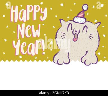 Vector illustration of a cute cat for New year. Cat in Santa hat and snowflakes. Stock Vector