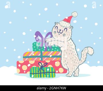 Vector illustration of a cute cat with Christmas gifts. Cat in Santa hat with presents. Stock Vector