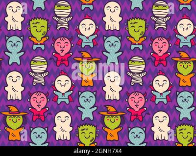 Vector seamless pattern with children in costumes for Halloween. Pattern with cute kids in Halloween monsters costumes. Halloween texture. Stock Vector
