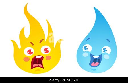 Vector set icons two elements fire and water. Nature elements in emoji style. Fire and water. Kawaii emoji. Stock Vector