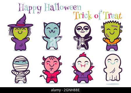 Vector set illustration of children in costumes for Halloween. Illustrations with cute kids in Halloween monsters costumes. Halloween monsters. Stock Vector
