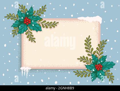 Vector vintage greeting card for Christmas and new year. Vector retro postcard with Christmas plants. Stock Vector