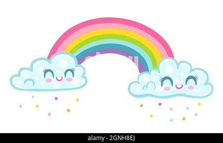 Vector illustration of a rainbow with clouds in kawaii style. Clouds with confetti and rainbow. Stock Vector